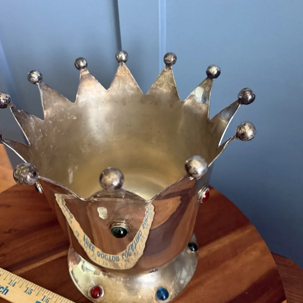 Vintage Jeweled Crown Ice Bucket Silver Plate Mid Century Barware Carnival Queen